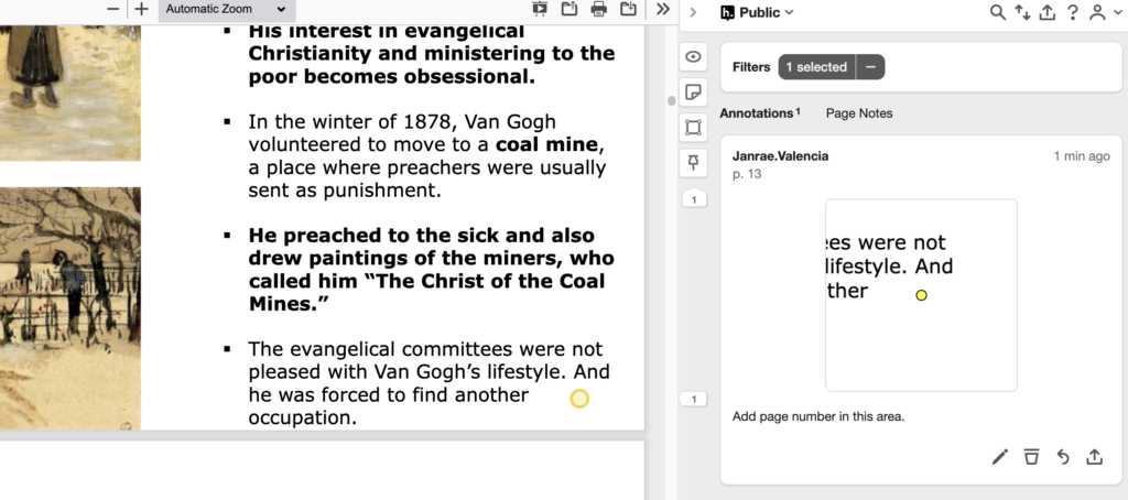 It shows the annotation card in the Hypothesis sidebar displaying a preview of the point selected using the pin annotation button and the area around it along with a saved annotation.